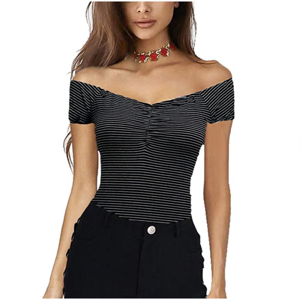 E-BAIHUI Women's Off Shoulder Black Stripe T Shirt